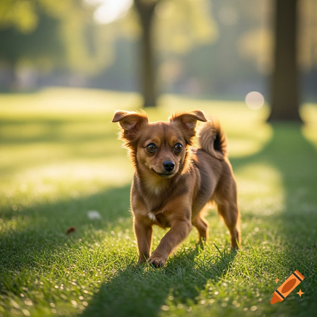 A small brown dog with perked ears walks across a sunlit grassy field in a park. Photorealistic.