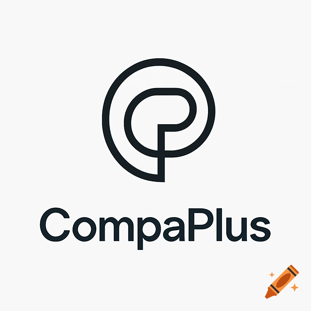 Minimalist logo for CompaPlus, featuring a black stylized 'CP' symbol above the text 'CompaPlus' on a white background.