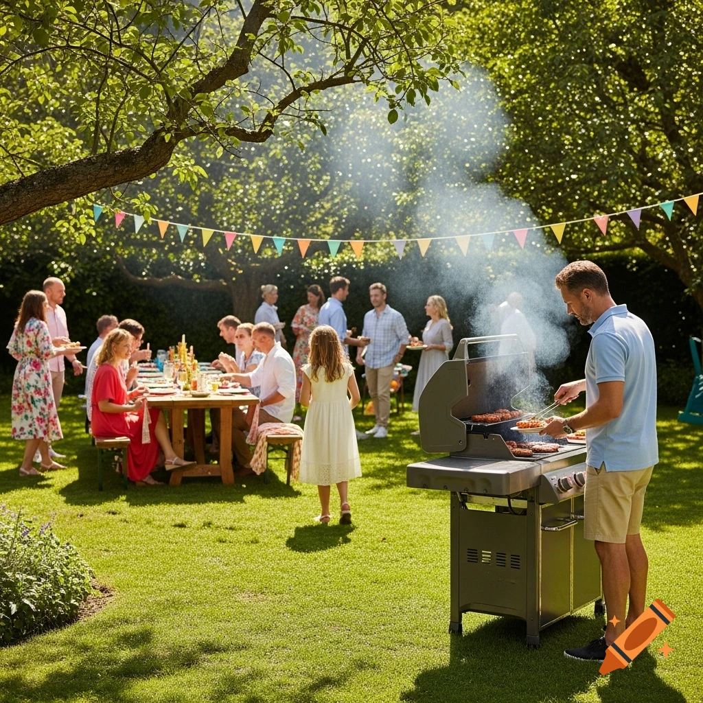 A man grills food on a gas grill at a sunny garden party, with people gathered around a table and colorful bunting in the background.