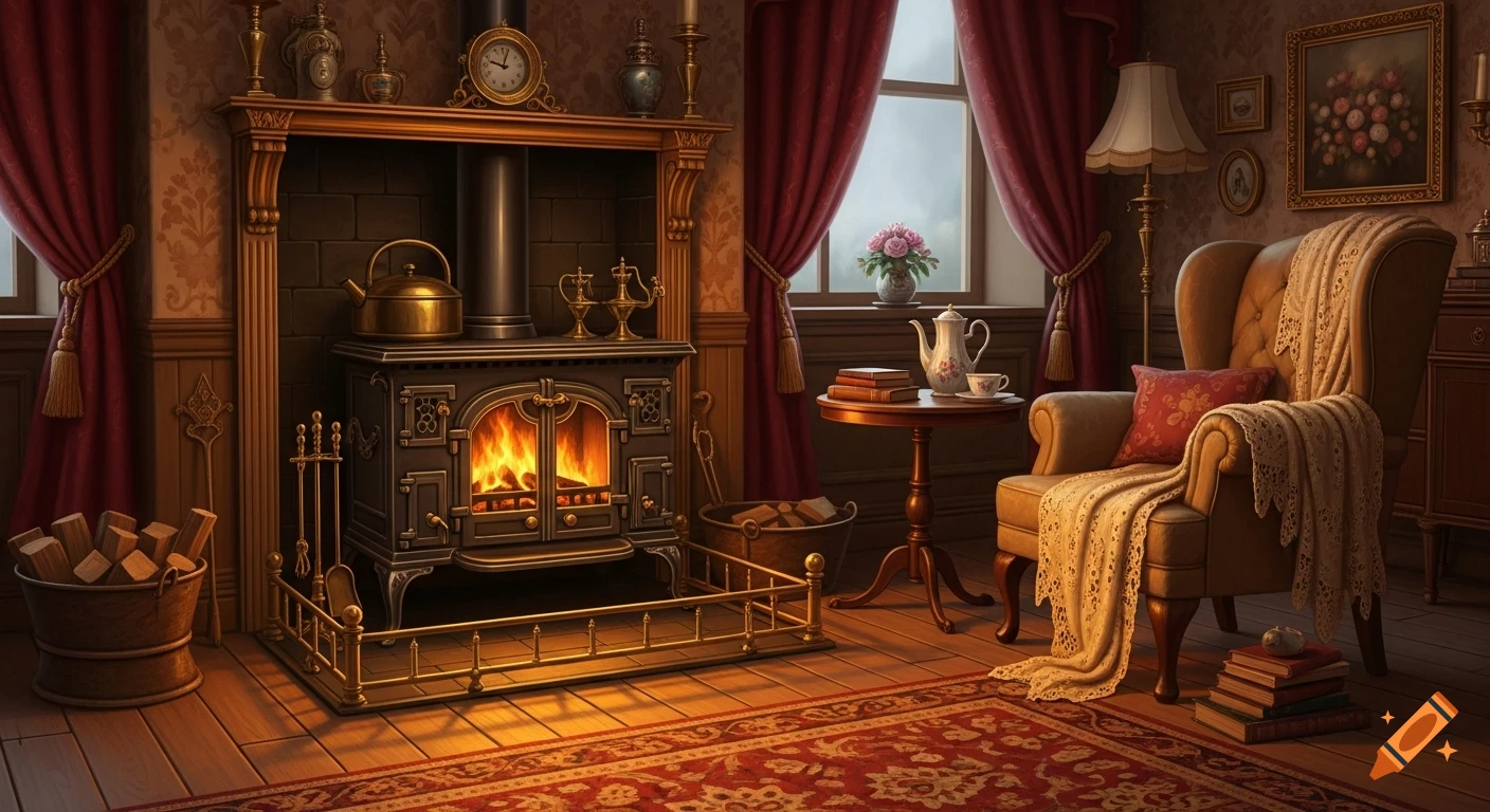 A cozy late 1800s room with a grand iron stove glowing with fire, a comfortable armchair, and rich red curtains.