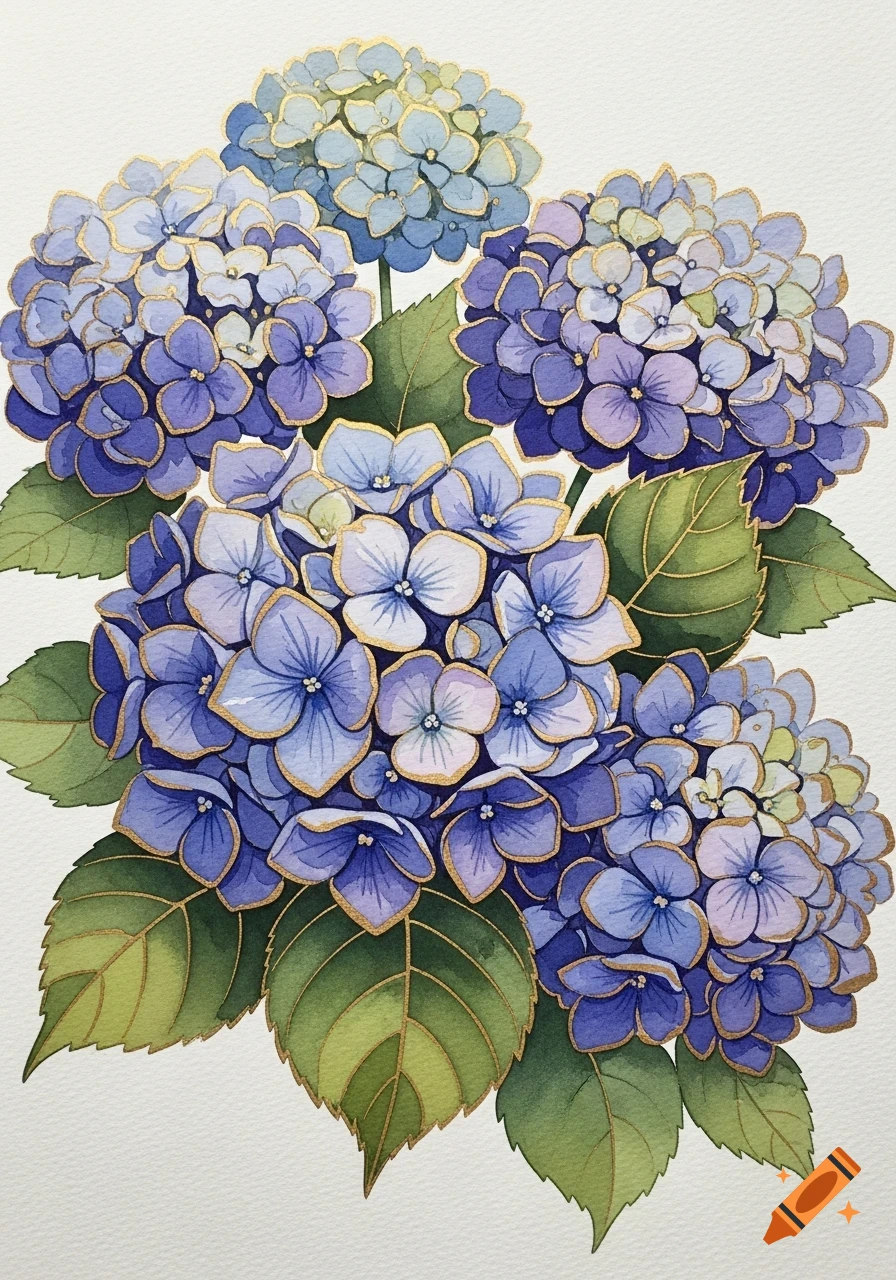 A vibrant watercolor painting of blue and purple hydrangeas with detailed green leaves, all outlined with shimmering gold accents.