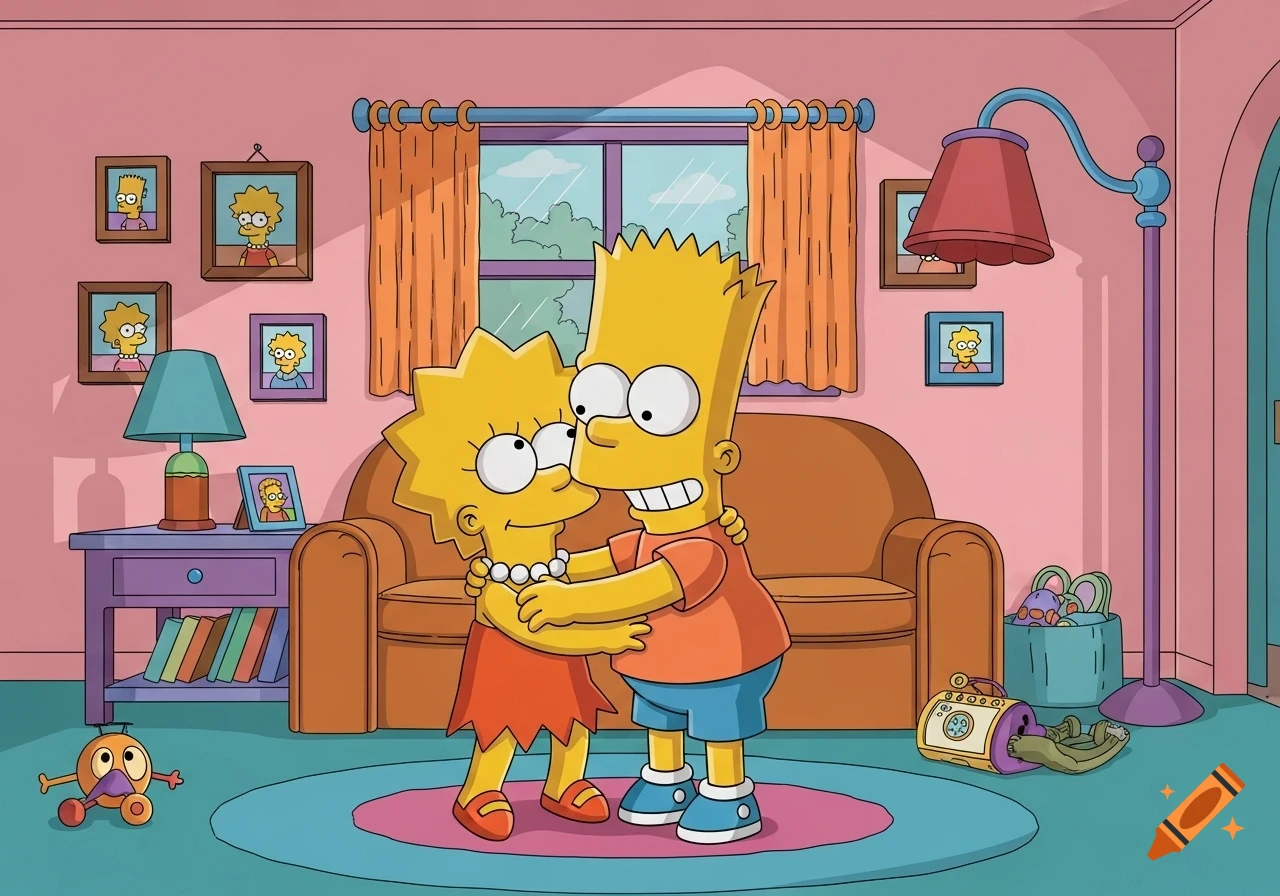 Bart and Lisa Simpson hugging in their living room, depicted in cartoon style.