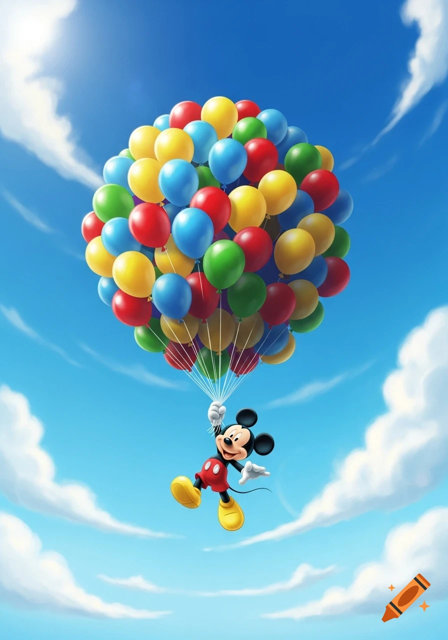 Mickey Mouse floats high in a bright blue sky, holding onto a large bunch of colorful balloons.