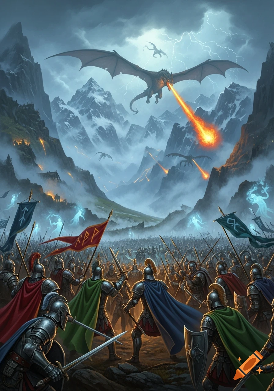 An epic fantasy battlefield with armored soldiers clashing below, while large fire-breathing dragons attack from a stormy, mountainous sky.