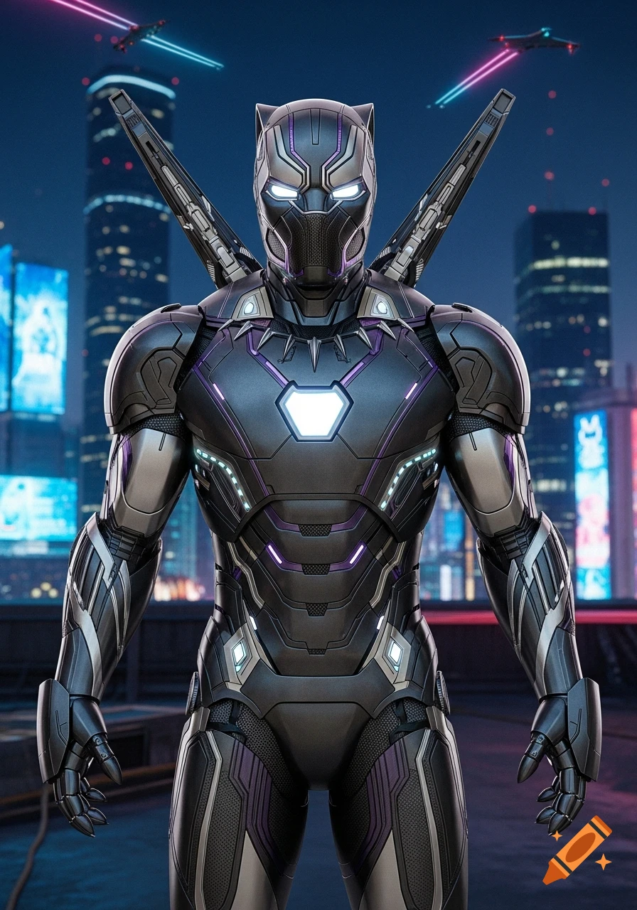 A sleek, armored superhero with black, silver, and purple glowing accents, standing on a futuristic city rooftop at night with drones flying.