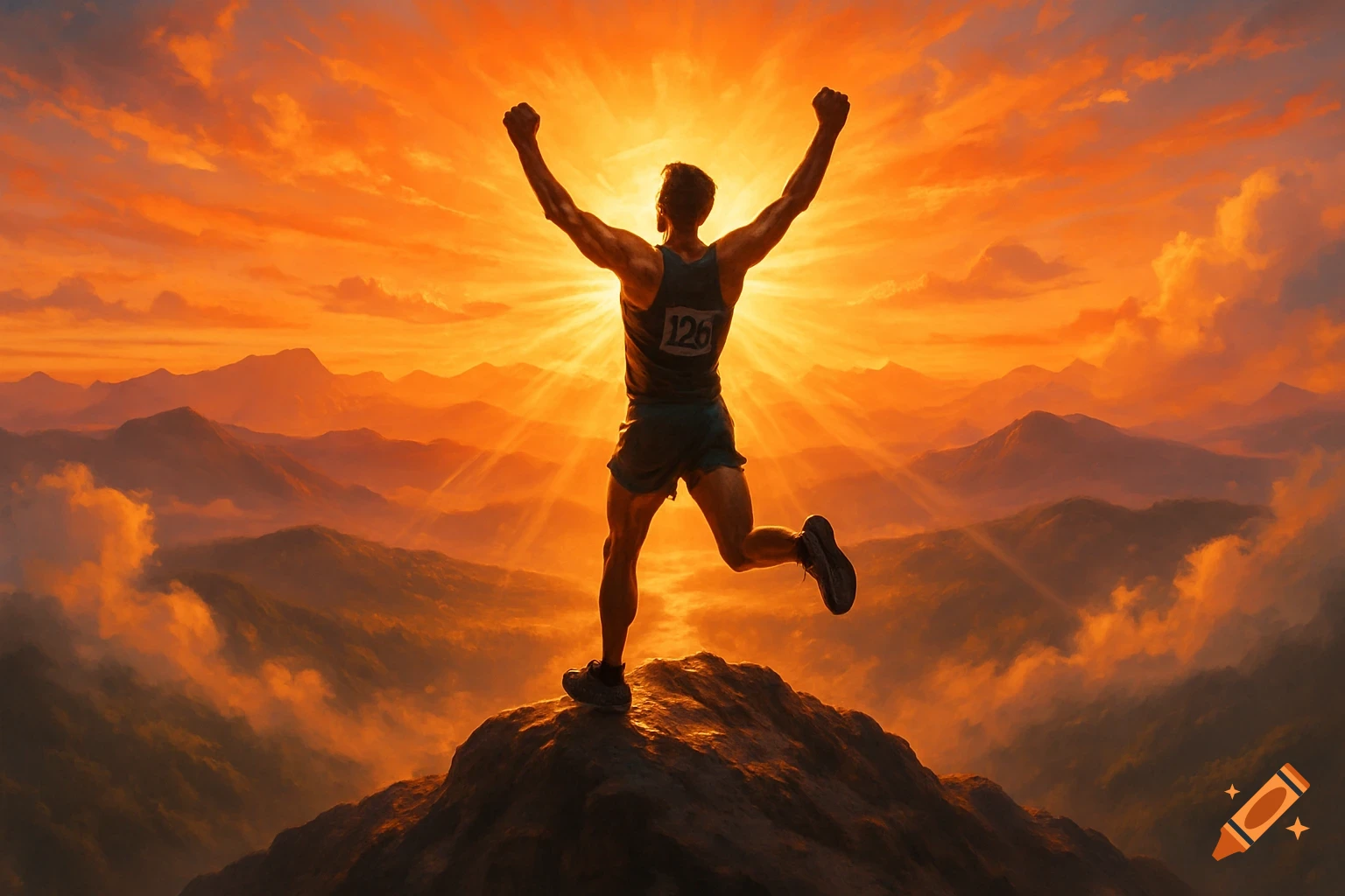 Rear view of a triumphant runner on a mountain peak at sunset with arms raised, photorealistic style.