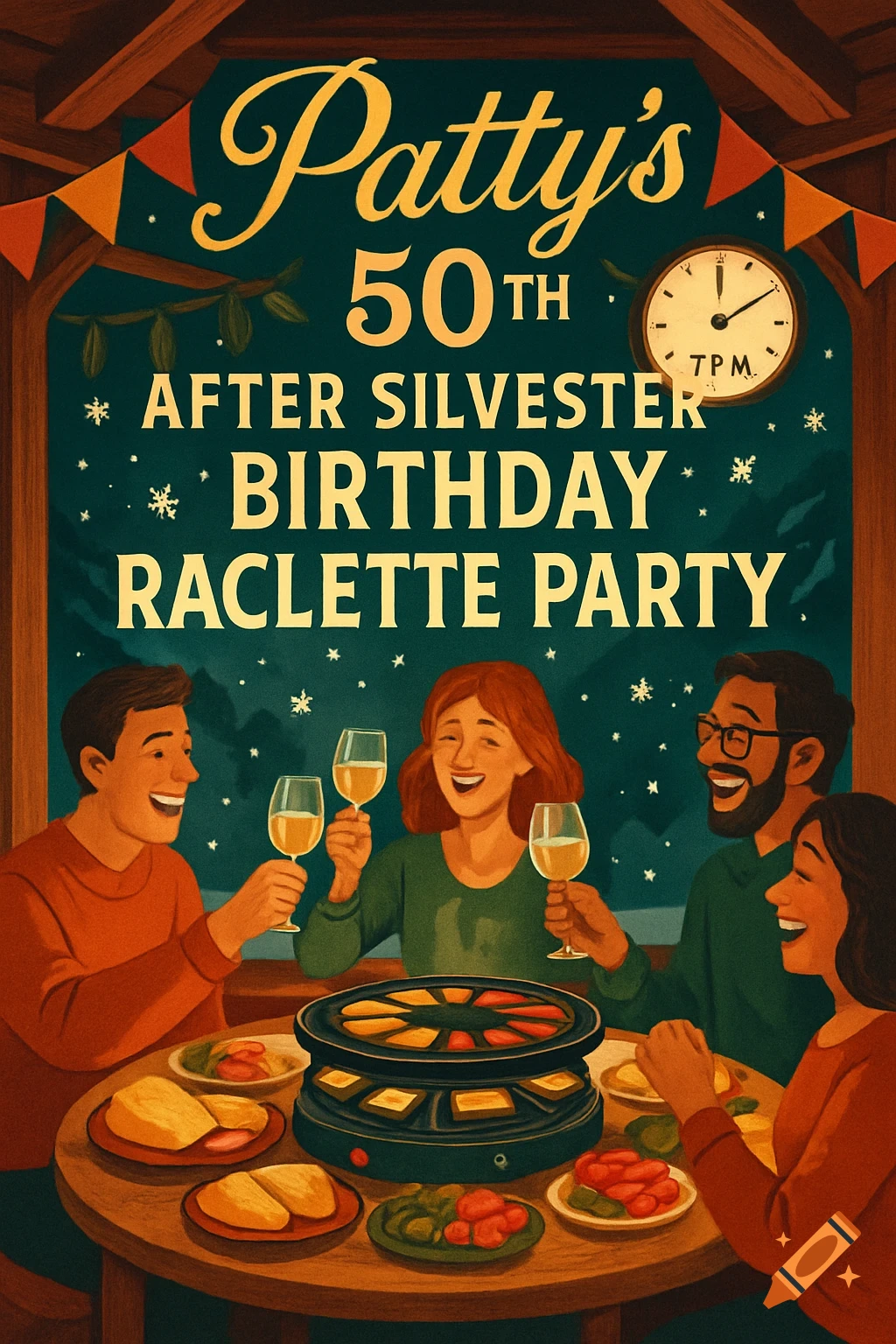 An illustration of four diverse friends celebrating Patty's 50th After Silvester Birthday Raclette Party, dining and toasting with wine in a cozy, festive setting with snowflakes visible outside.