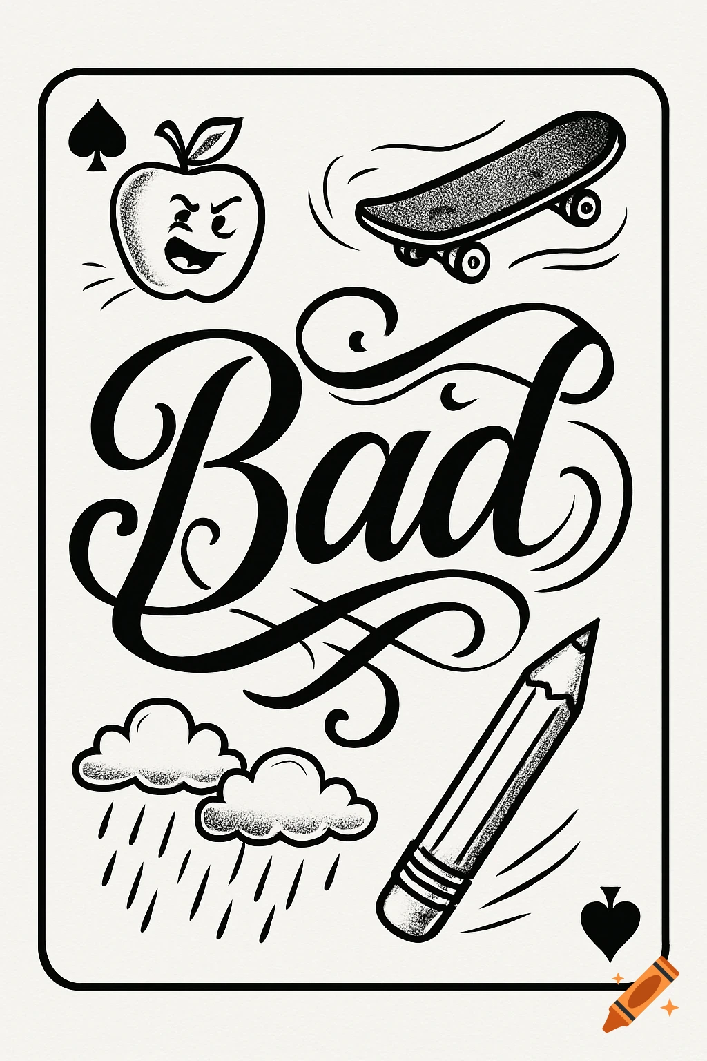 Black and white playing card design with 'Bad' in calligraphy, an angry apple, skateboard, raining clouds, and a pencil.