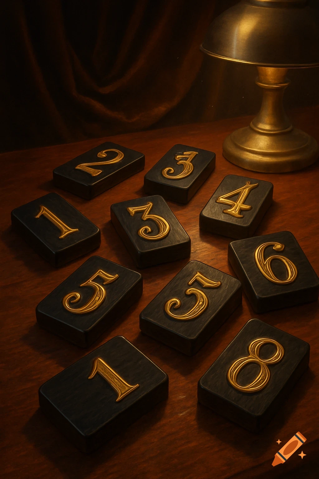 Close-up of dark domino-like tiles with embossed gold numbers 1, 2, 3, 4, 5, 6, and 8 on a wooden table, lit by a brass lamp.