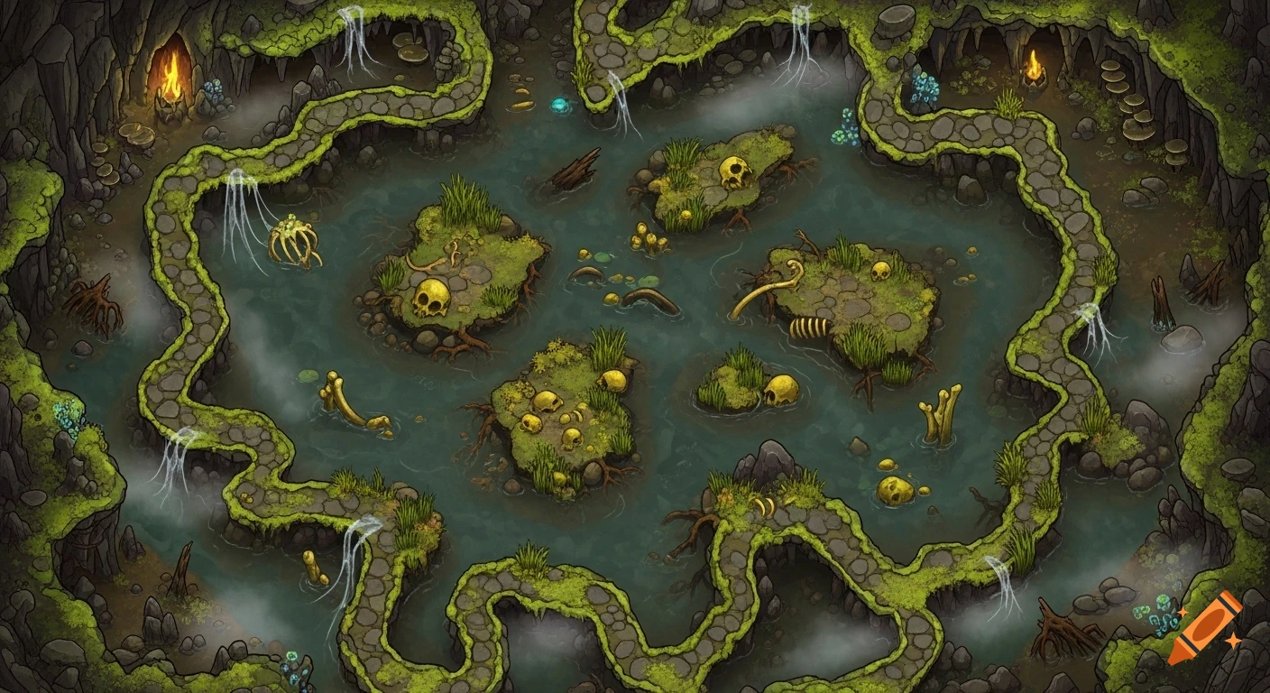 Top-down fantasy battle map of a dark cave swamp with winding mossy paths, small islands, scattered bones, and glowing elements in an illustrative style.