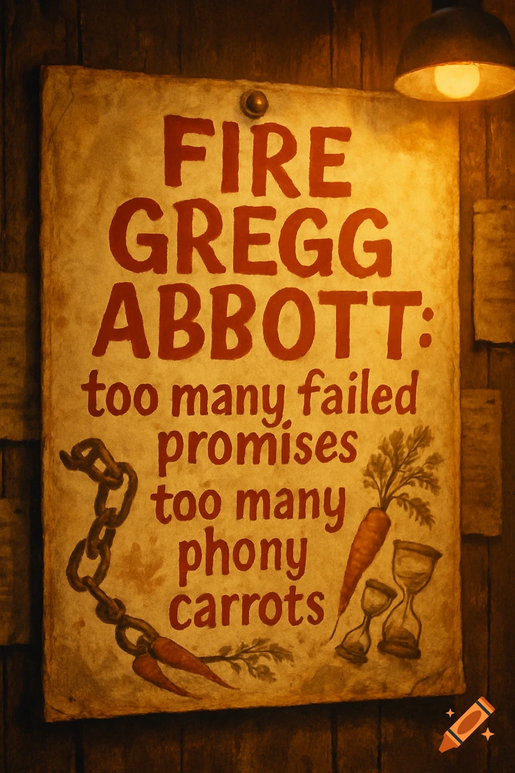 A stylized protest sign against Gregg Abbott, featuring text, chains, carrots, and hourglasses on an aged paper texture, lit by a lamp.