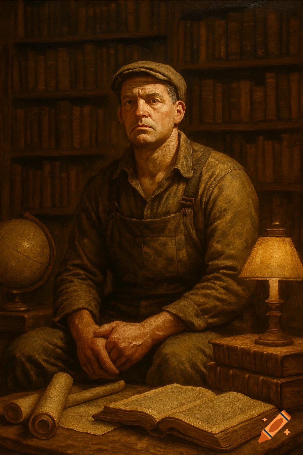 A serious man in a cap and overalls sits in a dimly lit library surrounded by books, scrolls, and a globe. Painting style.