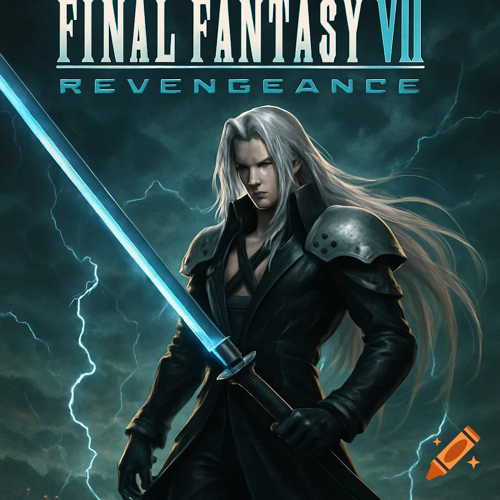 Sephiroth from Final Fantasy VII holds a glowing blue sword under a lightning-filled sky, with the title "FINAL FANTASY VII REVENGEANCE" above.