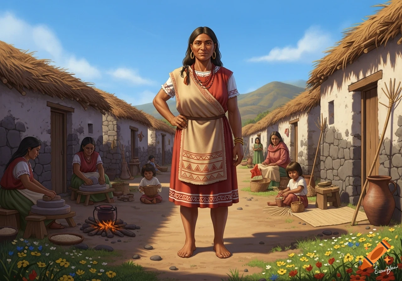 An illustration of Indigenous women and children performing daily tasks in a sunny village with thatched-roof houses and mountains.
