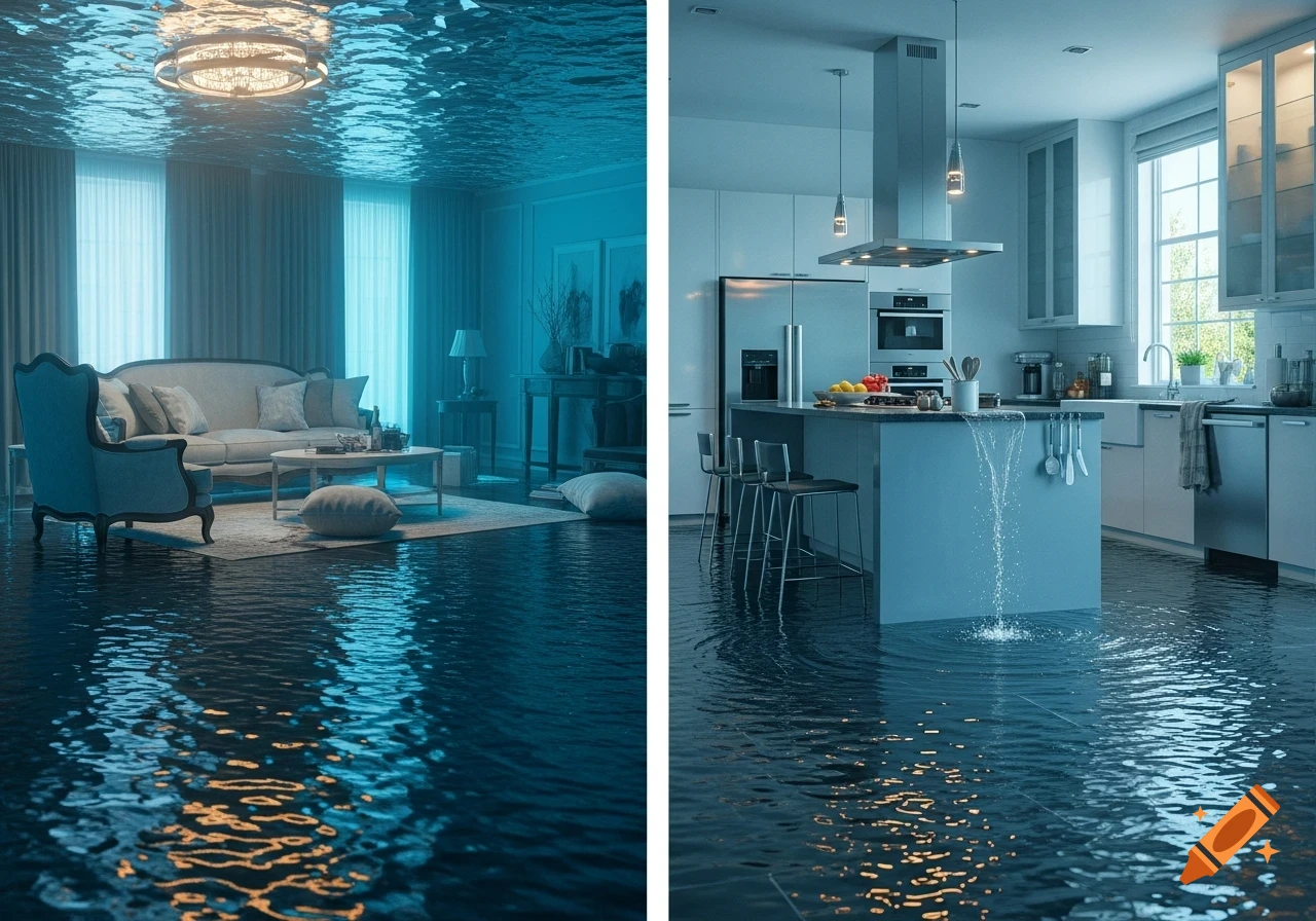 A split image depicts two flooded interior rooms, a living room and a modern kitchen, with water reflecting ceiling lights.