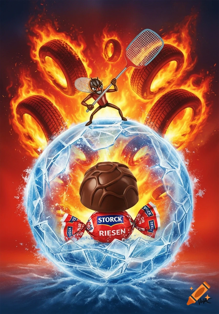 Cartoon devil on an ice sphere containing Storck Riesen candy, with flaming tires in a fiery background illustration.