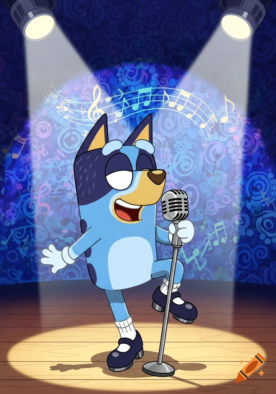 Bluey sings into a vintage microphone on a spotlighted stage with a blue musical pattern, wearing white socks and black Mary Jane shoes.