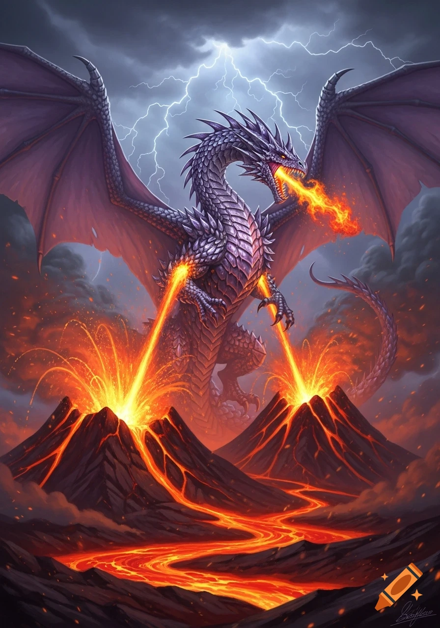 A majestic amethyst and diamond dragon with large wings breathes fire, standing between two erupting volcanoes with flowing lava under a stormy, lightning-filled sky.