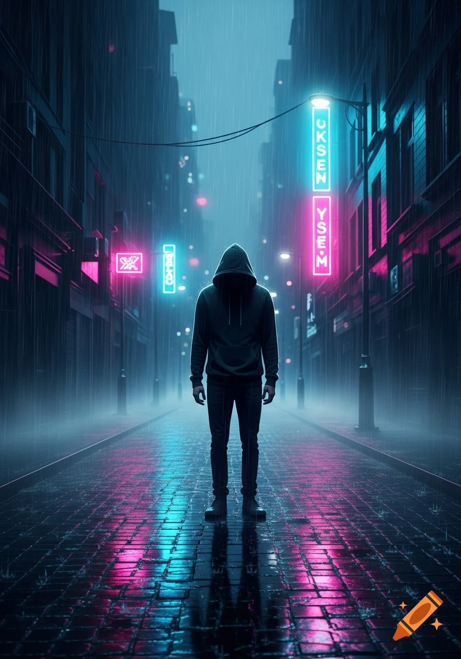 A person in a black hoodie stands alone in the middle of a rainy, neon-lit cyberpunk city street, reflecting on the wet pavement.