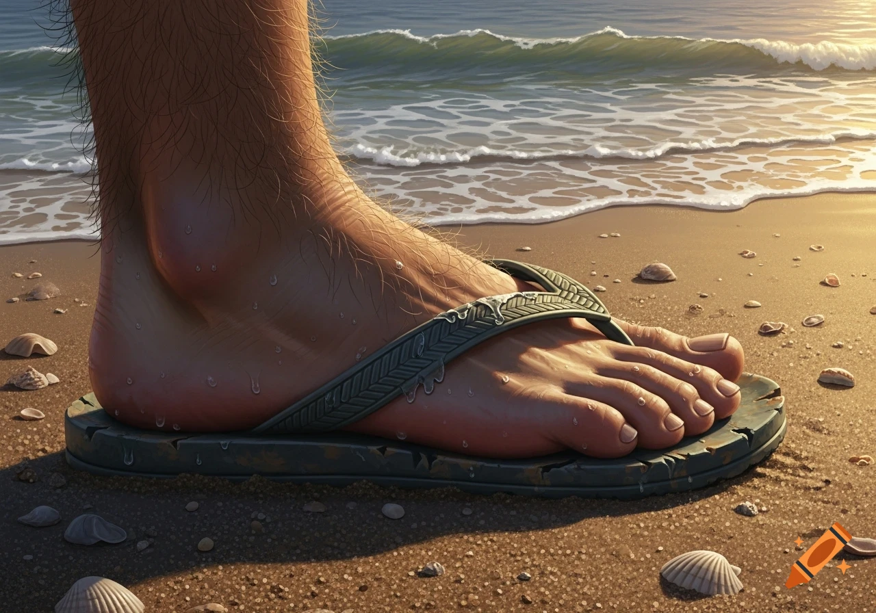 Close-up of a hairy foot in a gray flip-flop on a sandy beach with seashells, ocean waves, and water droplets.