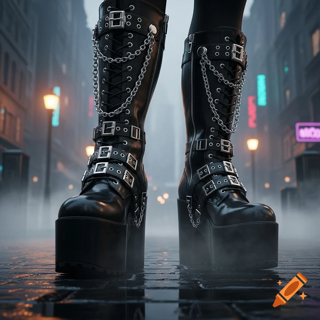 Close-up of black leather platform goth boots with buckles and chains, standing on a wet street with blurred city lights in the background.