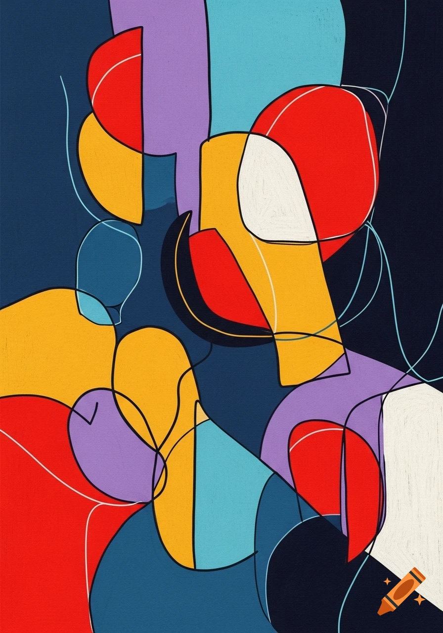 Abstract painting with bold, colorful geometric and organic shapes outlined in black and white, against a dark blue background.