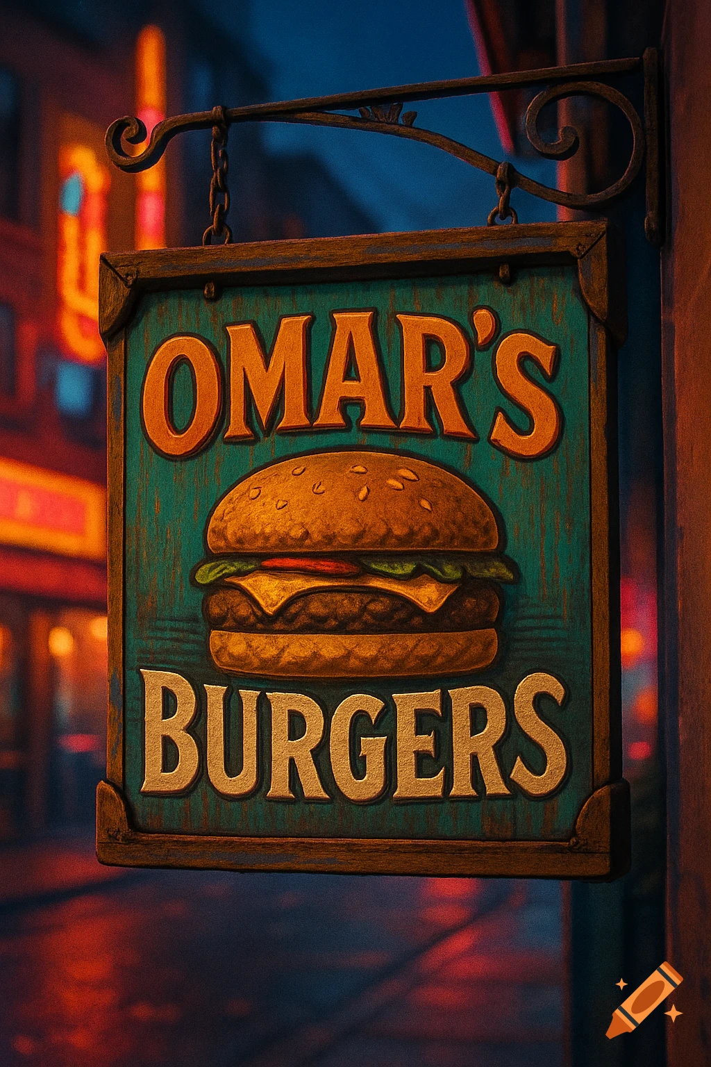 Vintage-style sign for 'Omar's Burgers' with a hamburger illustration, hanging outside a building at night.