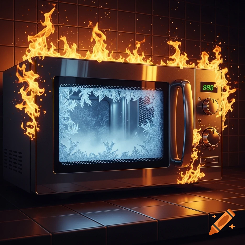 A stainless steel microwave is engulfed in flames on the outside, while its interior is heavily frosted with ice. It sits on a dark tiled counter.