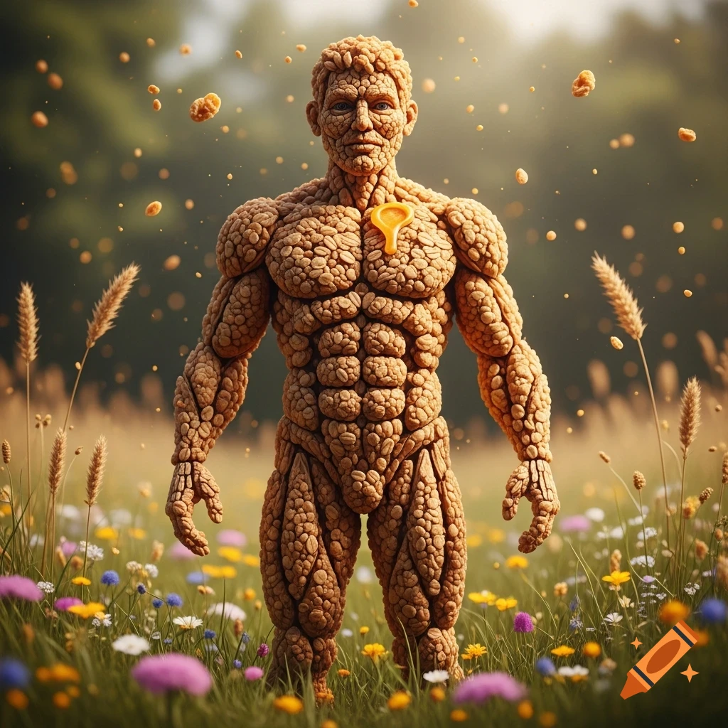 A surreal, photorealistic image of a muscular man made entirely of granola, standing in a field of wildflowers with granola bits floating around him.