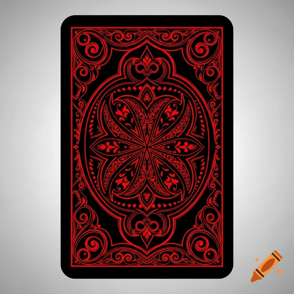 The back of a playing card featuring an ornate, symmetrical red pattern on a black background.