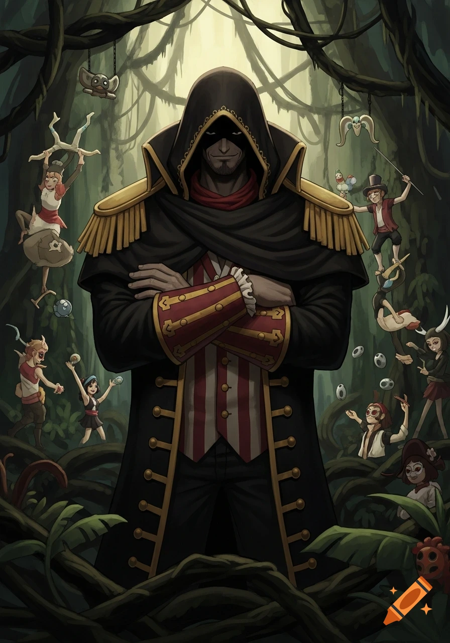 A shadowy pirate ringmaster in a black hooded coat and striped vest stands in a dark jungle, surrounded by whimsical circus performers.