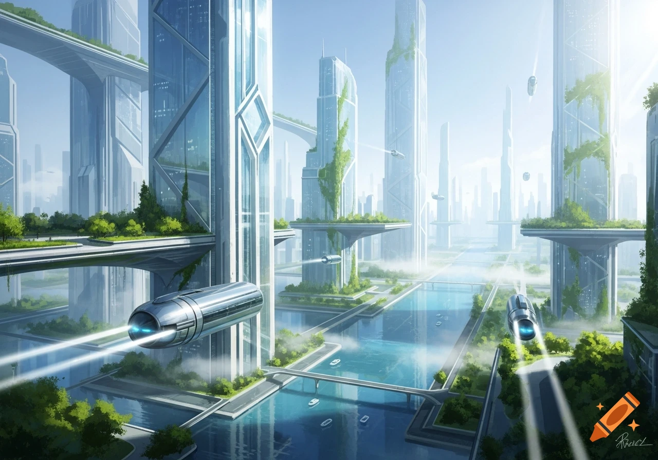 A bright, futuristic city with sleek skyscrapers, elevated green walkways, reflective waterways, and flying capsules in the sky.