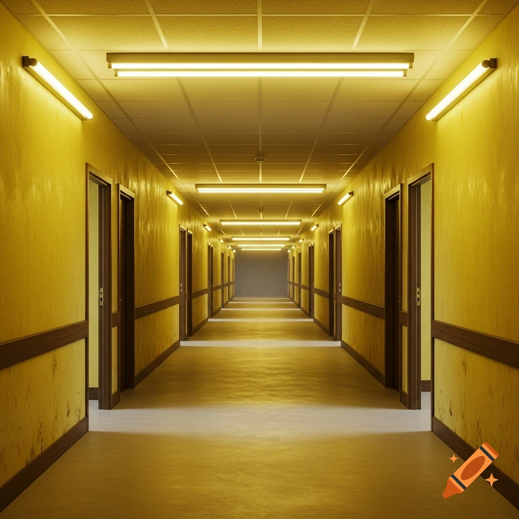 A long, empty, eerie hallway with yellow, worn walls, harsh fluorescent lights, and numerous doors, receding into a misty distance.