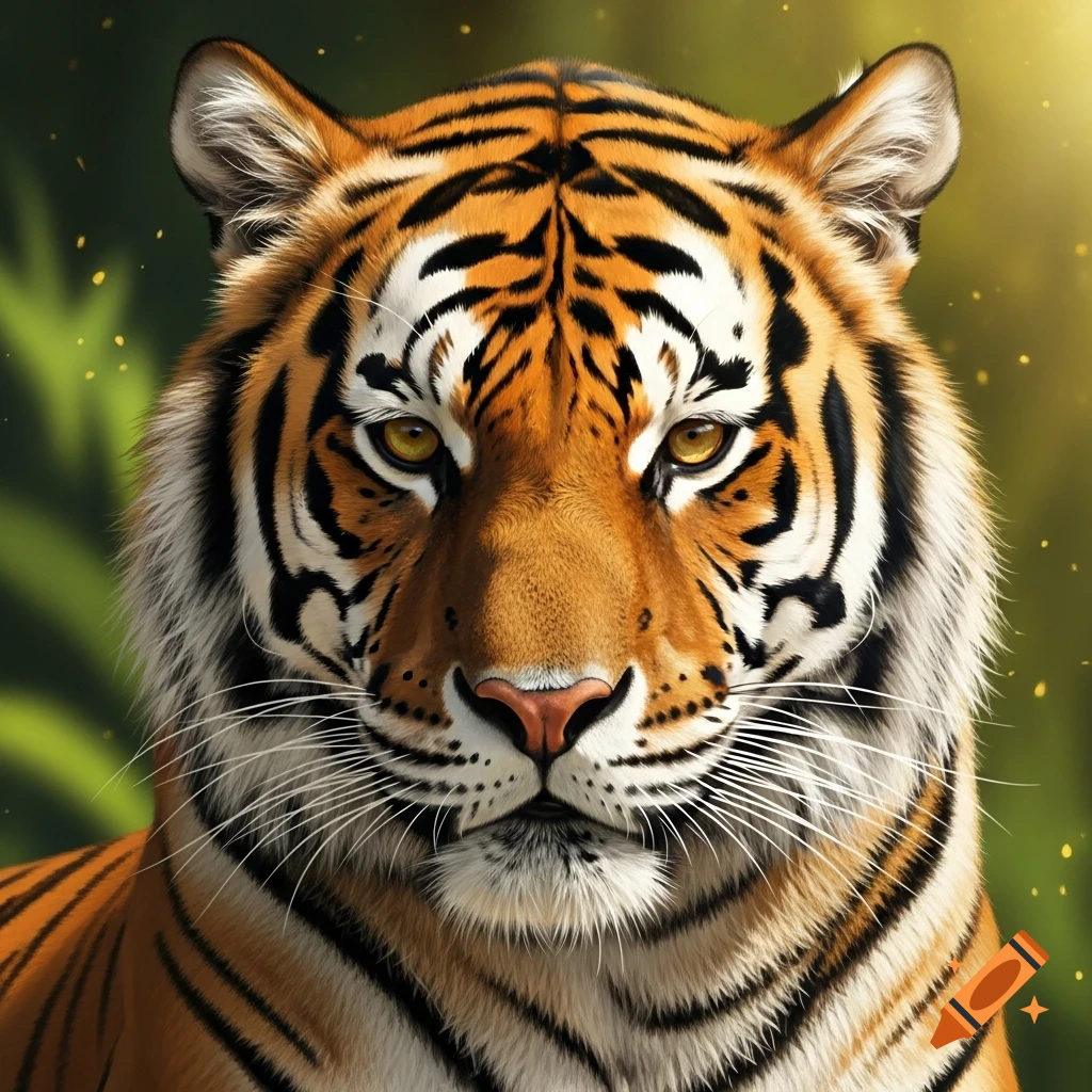 Photorealistic close-up of a tiger's face with bright yellow eyes and striped fur, against a warm, green background.