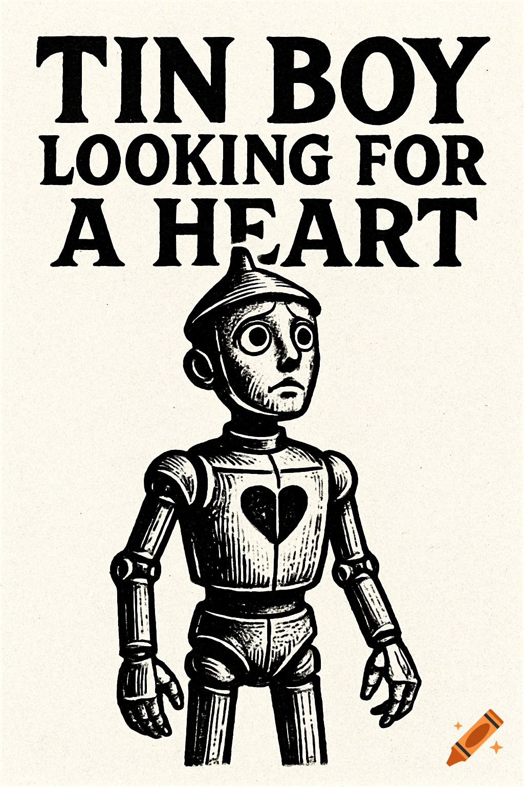 A high-contrast, black and white illustration of the Tin Boy with a heart on his chest and the text 'TIN BOY LOOKING FOR A HEART'.