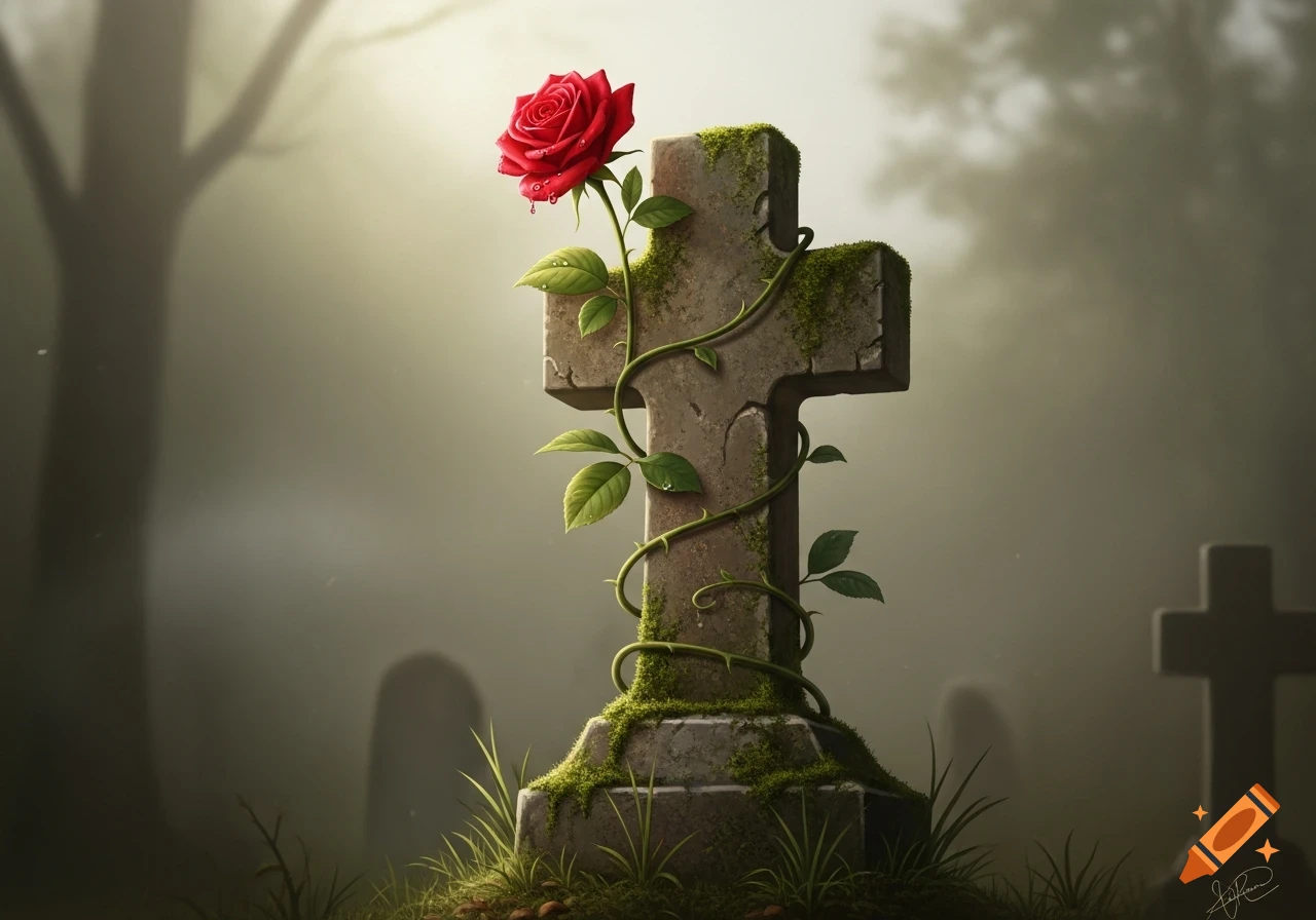 A mossy stone cross entwined with a vibrant red rose and green vines stands in a misty graveyard.