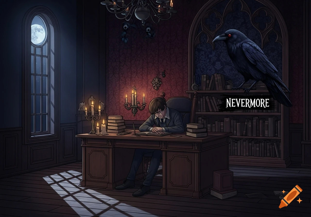 An anime-style image: a melancholic student at a desk in a dark, gothic room. Moonlight and candles illuminate a raven with 'NEVERMORE' nearby.