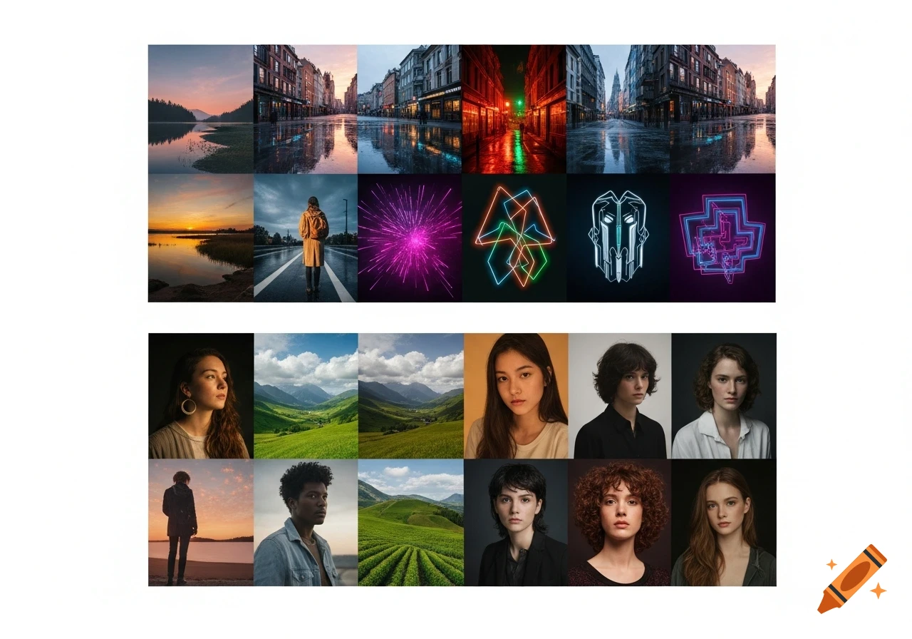 A grid of 16 photorealistic images, including diverse landscapes, cityscapes, abstract neon art, and portraits of various individuals.