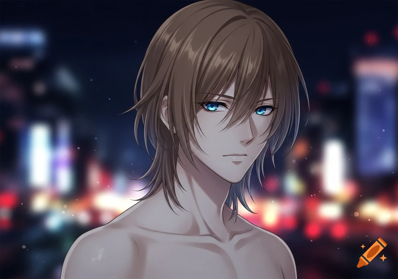 Anime boy with light brown emo hair and blue eyes, shirtless, against a blurred city night background.