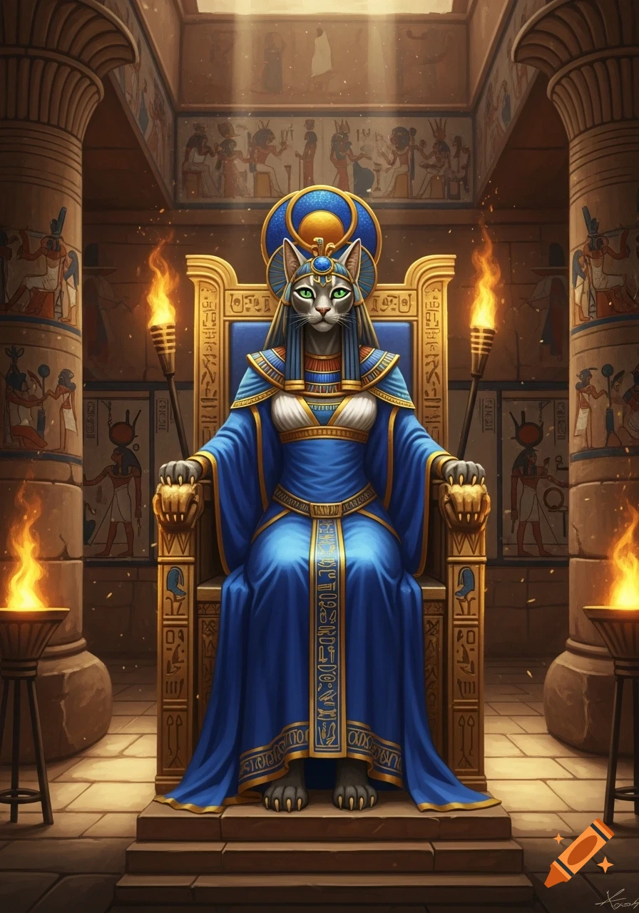 A majestic anthropomorphic feline goddess with green eyes, dressed in blue and gold Egyptian attire, sits on a golden throne in a torch-lit temple.