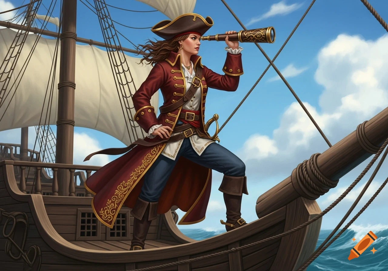 A female pirate in a red coat stands on the bow of a wooden sailing ship, looking through a brass telescope at the blue sea and sky.