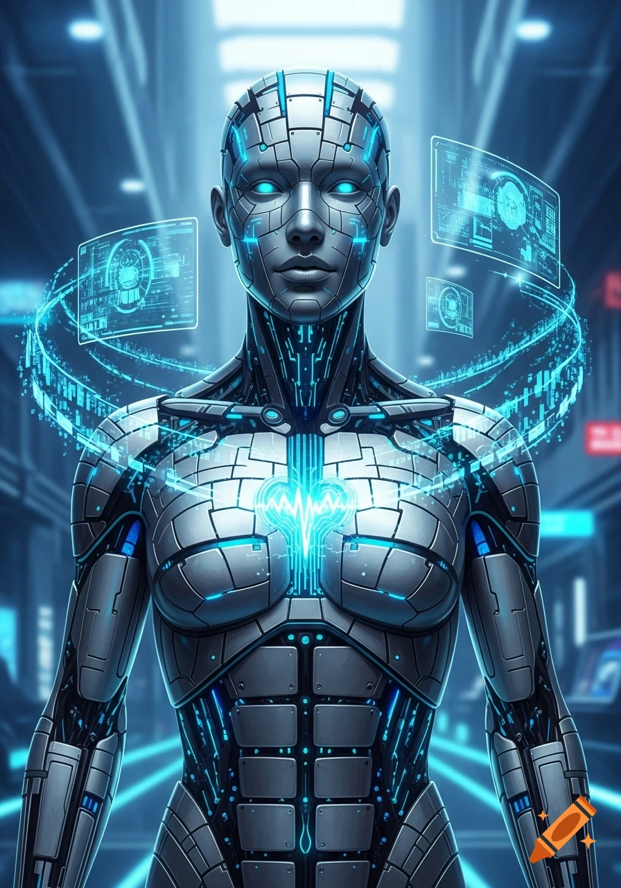 A detailed silver and blue humanoid robot with glowing circuits and holographic data displays, set in a futuristic environment.