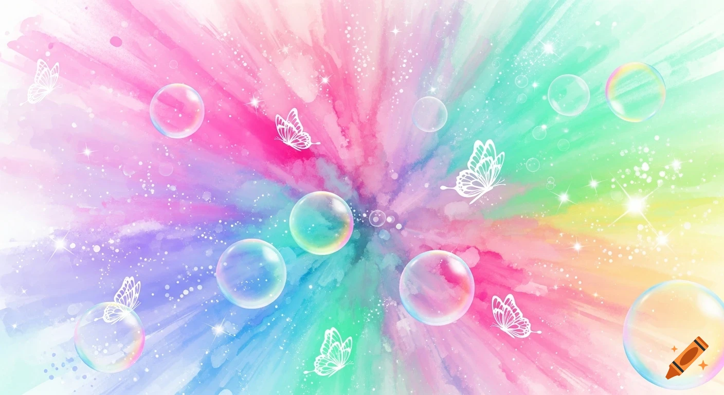 A vibrant, watercolor-style background with a rainbow color explosion, white butterflies, sparkling stars, and iridescent bubbles.