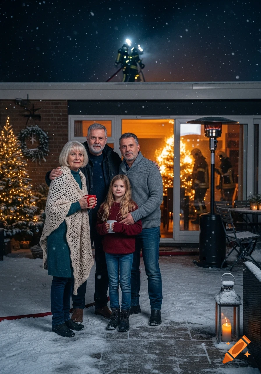 Photorealistic family portrait in a snowy yard at night, with a burning Christmas tree visible through a window and firefighters on the roof.