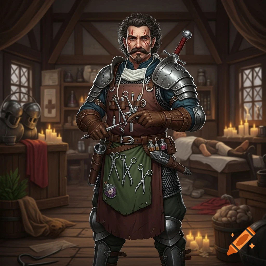 A man in medieval armor and a surgeon's apron, holding surgical tools, stands in a candlelit medical room with a patient in the background.
