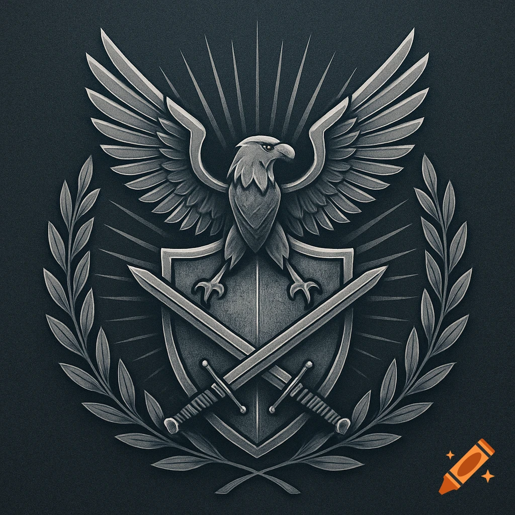 A stylized silver military emblem featuring an eagle, shield, crossed swords, and laurel wreath on a dark background.