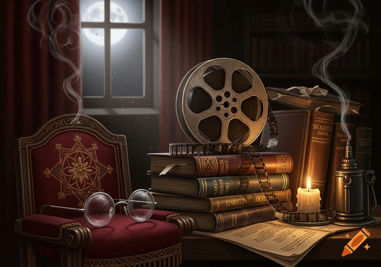 A dark academia scene with a film reel atop a stack of vintage books, next to a lit candle, a lamp, and an ornate armchair with spectacles, under a moonlit window.
