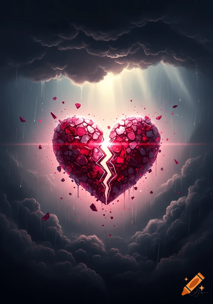 A broken heart made of glowing red crystals splits amidst dark, rainy clouds with light rays breaking through.