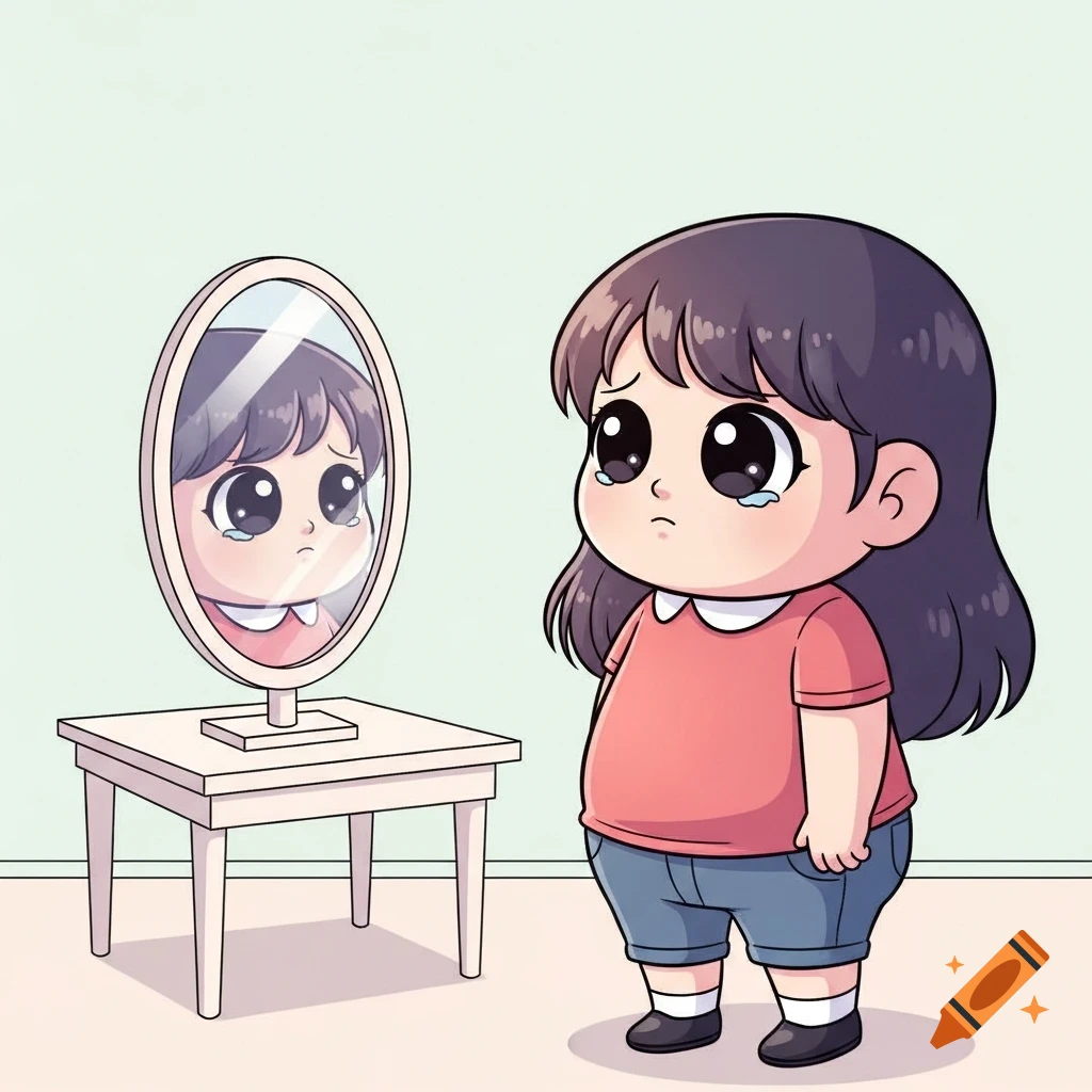 A cute cartoon girl with dark hair and big eyes looks sadly at her reflection in a mirror.