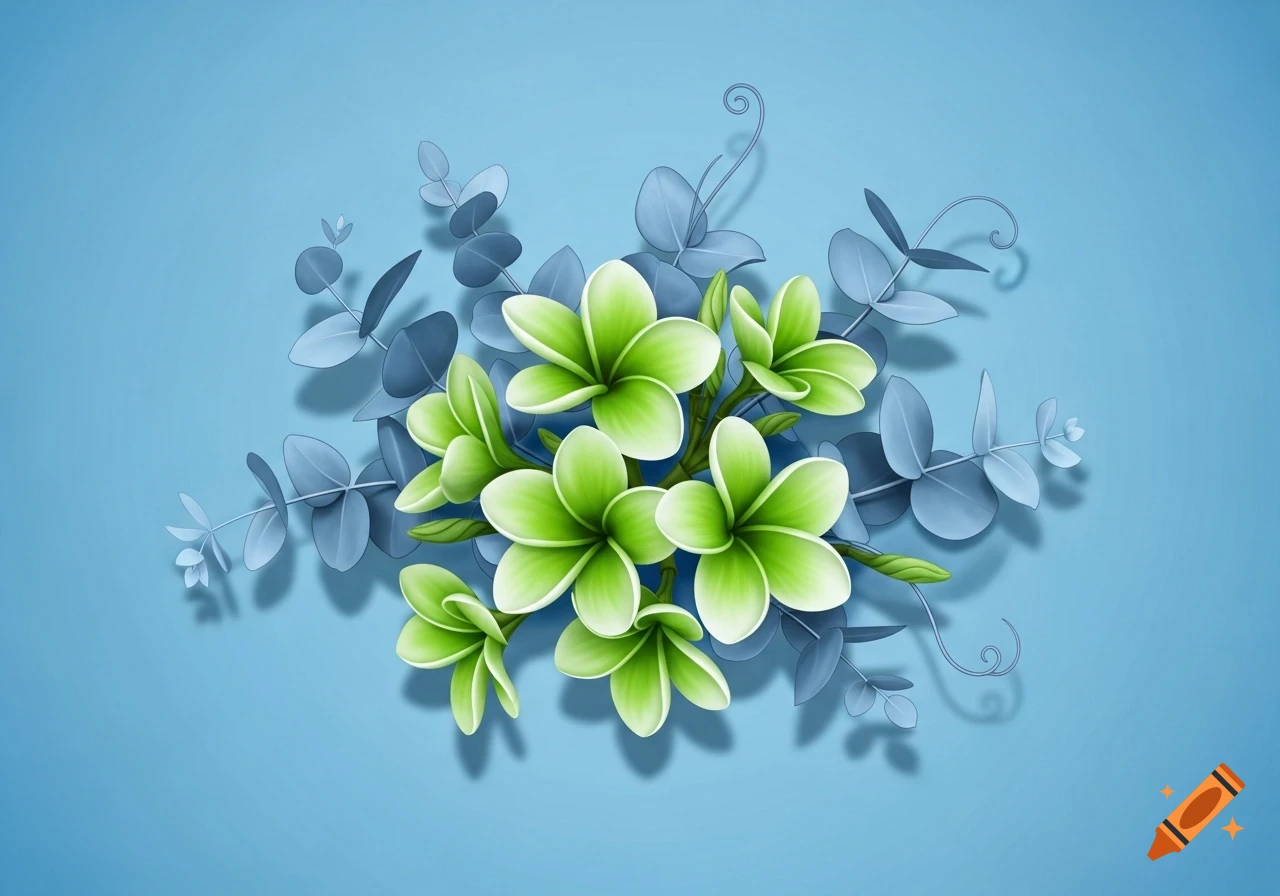 Stylized illustration of green plumeria flowers and eucalyptus leaves on a bright blue background.